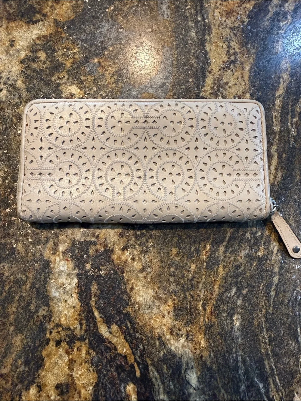 Coach Beige Laser-Cut Zip Around Wallet